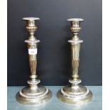 A pair of Sheffield plate knop stemmed candlesticks with detachable scones, 32cm high, (2)