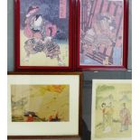 A Japanese watercolour of three figures together with a group of three framed coloured prints,