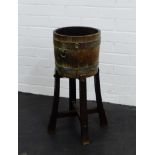 An oak and metal bound barrel planter on stand, 60 x 38cm