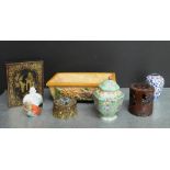 Mixed lot to include a lacquered box, miniature Cloisonne vase, porcelain vases etc., (7)