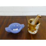 Hardstone mortar and pestle and pale blue glass ashtray, (a lot)