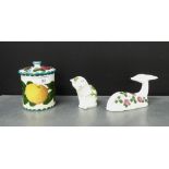 Wemyss orange patterned jam jar together with a Wemyss lid painted with cherries a Plichta cat and