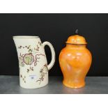 Victorian transfer printed jug with Chinoiserie motifs together with an orange lustre glazed jar and