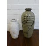 Two studio pottery high shouldered baluster vases, one with a Khaki coloured glaze the other