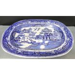 Staffordshire blue and white 'Willow' patterned oval ashet, 40cm long