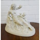 A Parian figure group of a Classical Maiden, Lion and Boy Child, on an oval base, 33 x 40cm