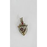 Seed pearl and ruby set heart shaped pendant, approx 2.5cm long