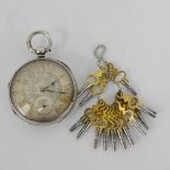 Silver cased pocket watch, the silvered dial with foliate engraving to the centre within Roman