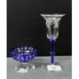 Etched cordial glass with blue spiral stem together with a small bowl, (2)