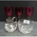 Mary Gregory style glass bowl and jug together with three cranberry wine glasses, (5)