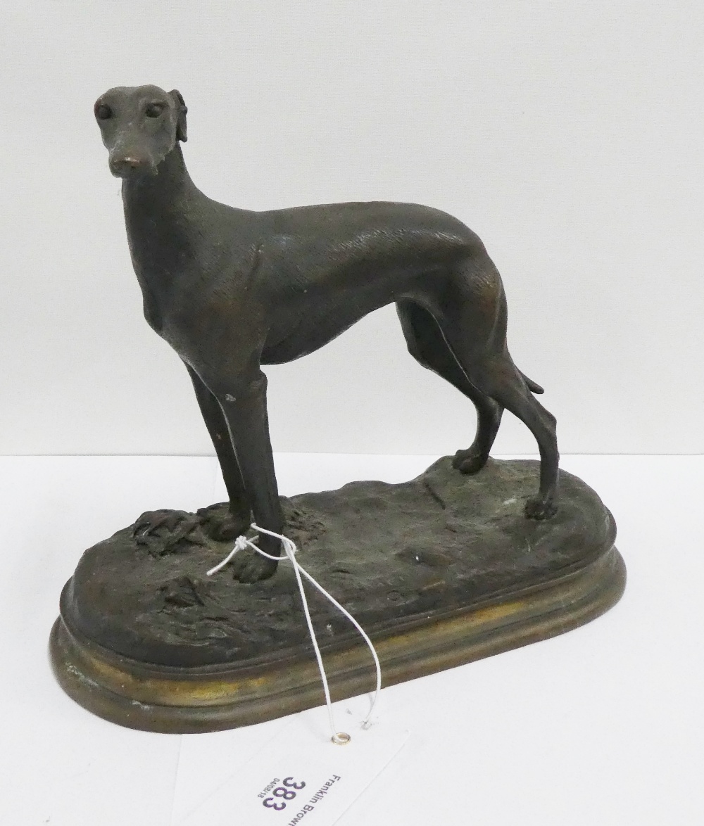 After P.J. Mene, cast bronze Greyhound on oval naturalistic base, 19cm high