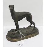 After P.J. Mene, cast bronze Greyhound on oval naturalistic base, 19cm high