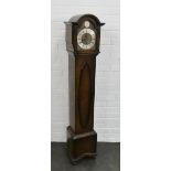 An oak cased grandmother clock with brass dial and silvered chapter ring, 158 x 32cm