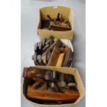 Three boxes containing a large quantity of vintage woodworking planes etc., (3)