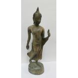 Bronze Thai Buddha figure, modelled standing on an oval engraved base, 57cm high