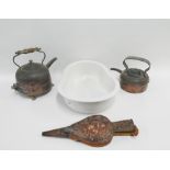 Mixed lot to include a ceramic bidet, bellows and two copper kettles, (a lot)
