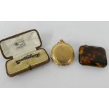 Lady's gold plated fob watch, paste set bar brooch and a tortoiseshell sovereign case (3)