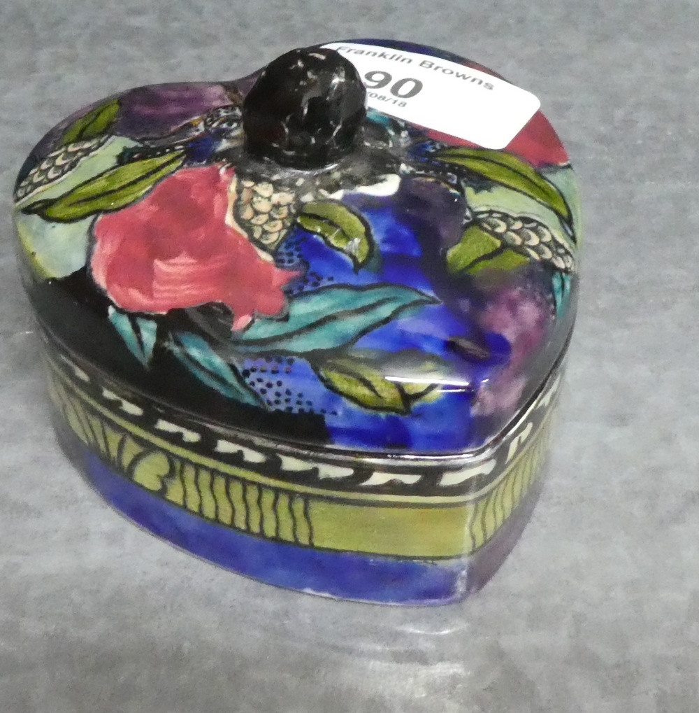 Hancock & Sons Rubens Ware hand painted heart shaped trinket box and cover, designed by F.X.