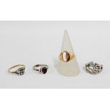 Gents 9 carat gold signet ring, UK ring size W, 9 carat gold paste set dress ring and two white