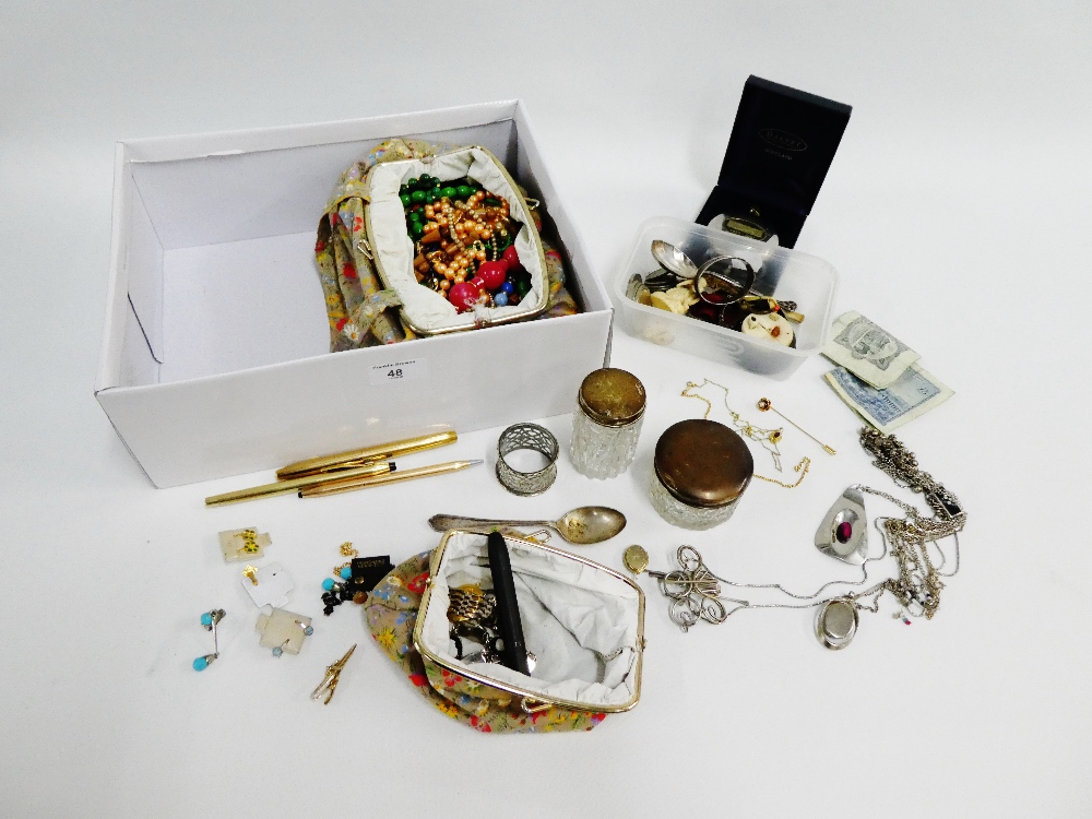 A carton containing costume jewellery, silver topped trinket jars, 1966 £5 note, etc (a lot)
