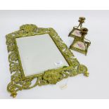 Victorian brass framed mirror with bevelled edge plate together with a pair of brass