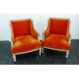 Pair of Empire style armchairs with grey painted wooden frames and orange velvet upholstered back,