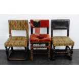 Three early oak framed backstool chairs with upholstered back and seats, 90 x 48cm, (3)