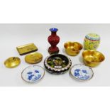 Mixed lot to include a Cloisonne bowl, lacquered dishes, Cinnabar vase, yellow glazed ginger jar and