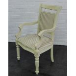 White painted wooden open armchair with French style striped upholstered back and seat