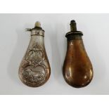 Two powder flasks to include a Sykes patent and another with embossed Game and Hunting dog
