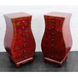 Pair of red lacquered chinoiserie bombe chests with seven graduating drawers, 88 x 46cm, (2)