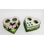 Two Wemyss Scottish Pottery heart shaped inkwells in Cockerel and Geese pattern, with impressed