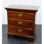 Stained hardwood and inlaid bedside chest with three short drawers on bracket feet, 67 x 62cm