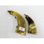 Two horn and brass mounted powder flasks, largest, 21cm long, (2)