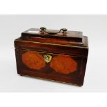 19th century mahogany and inlaid tea caddy the hinged lid with brass handle to top, opening to