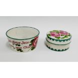 Wemyss 'Cabbage Rose' patterned circular jar and cover together with a Qui Aime Jean Aime Som