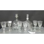 Group of six small glasses and a pair of decanters, (8)