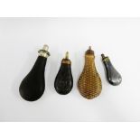 Collection of four powder flasks to include a leather covered example, copper basket weave patterned