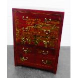 Red lacquered chinoiserie chest with five long drawers and brass handles, 105 x 77cm