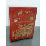 Red lacquered chinoiserie chest of drawers with brass handles, 106 x 76cm