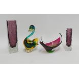 Art glass to include two Whitefriars style vases, a Murano glass bowl and duck, tallest 30cm, (4)