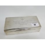 Silver cigarette box, the hinged lid with personal inscription and dated 1959, London hallmarks,