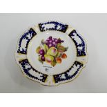 Staffordshire porcelain scalloped plate with blue borders and finely painted with fruit to the well,