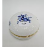 Meissen blue and white porcelain circular box and cover with floral sprays and gilt edged rims, 14cm