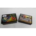 Two Russian lacquered rectangular boxes with hinged lids, one signed and dated 1969, largest 15 x