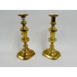 Pair of brass knop stemmed candlesticks, 26cm high, (2)