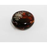 Tortoise shell and white metal pique work circular box and cover with butterfly and fern pattern,