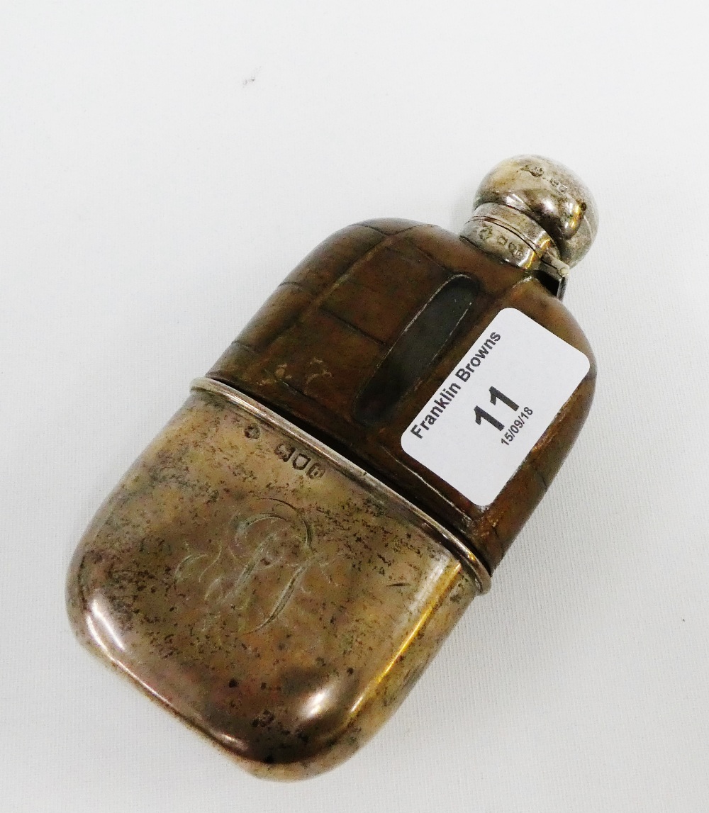 Victorian silver mounted, glass and leather covered hip flask by William Hutton & Sons Ltd,