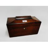 Mahogany sarcophagus tea caddy with three divisions to the interior, 30cm long