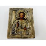 19th century Russian icon with white metal oclad depicting Jesus, 9 x 11cm